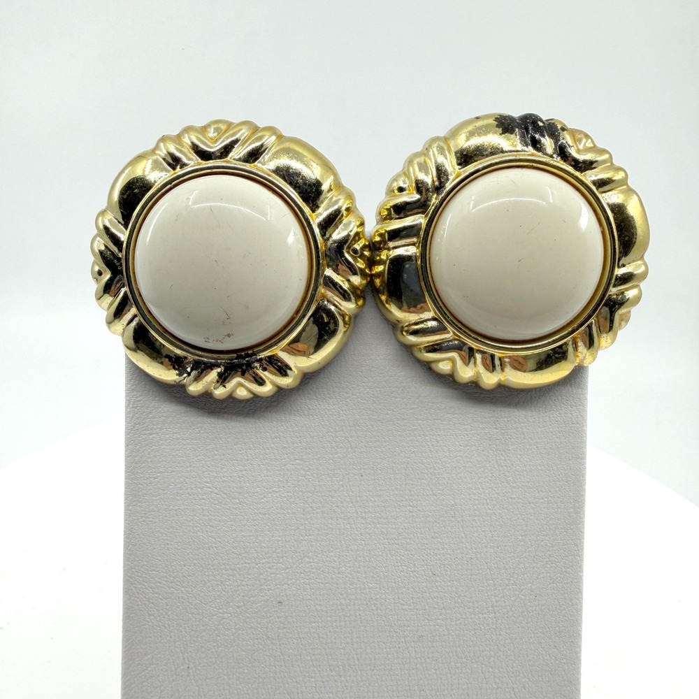 Gold Tone Clip-On Earrings with White Cabochon - Retro Chic Statement